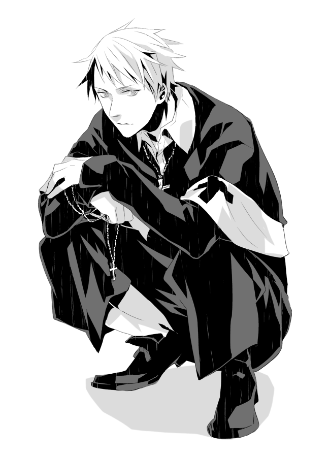 axis_powers_hetalia, cross, kmgk, male, monochrome, priest, prussia_(hetalia), rosary