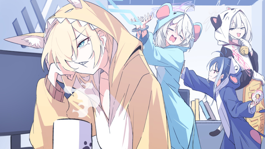 4girls, =_=, absurdres, animal_ears, bell, blonde_hair, blue_archive, blue_eyes