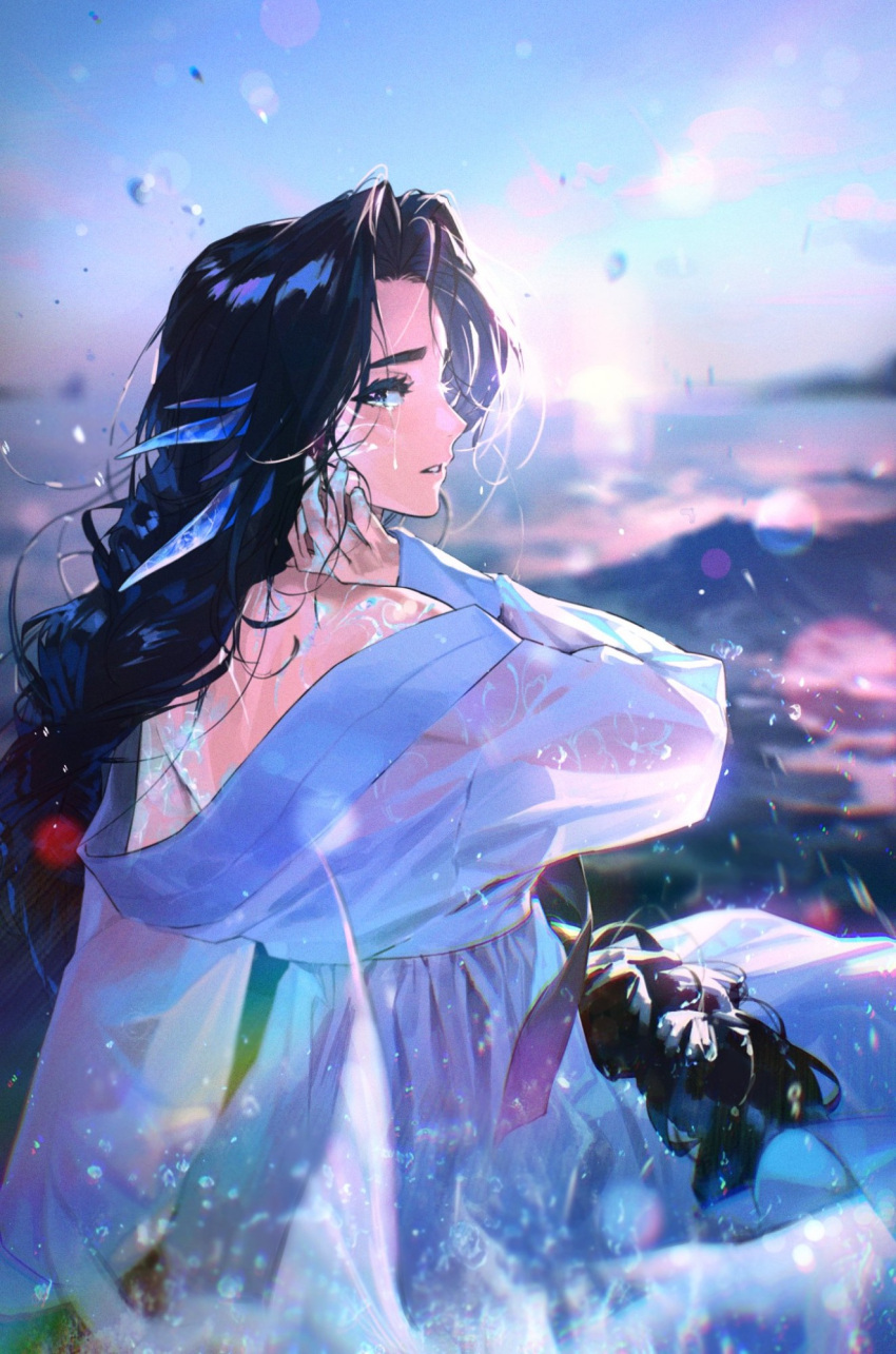 1girl, black_hair, chanoo_artz, commission, crying, crying_with_eyes_open, dress, highres