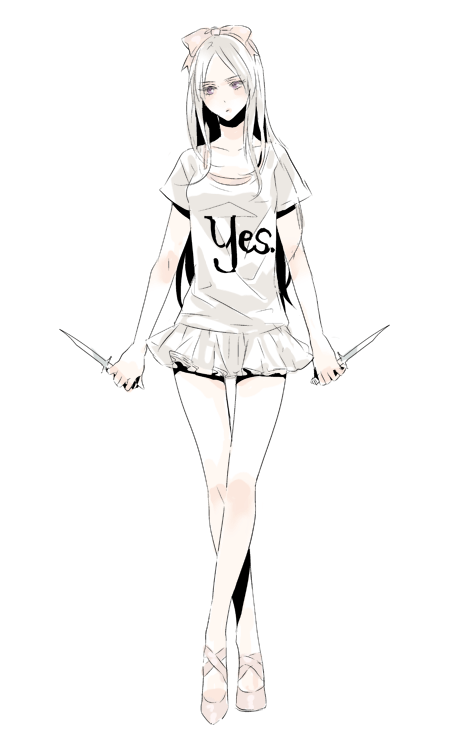 axis_powers_hetalia, ballerina, ballet_flats, ballet_slippers, belarus_(hetalia), dagger, hair_ribbon, kmgk, knife, miniskirt, ribbon, skirt, solo, t-shirt, weapon