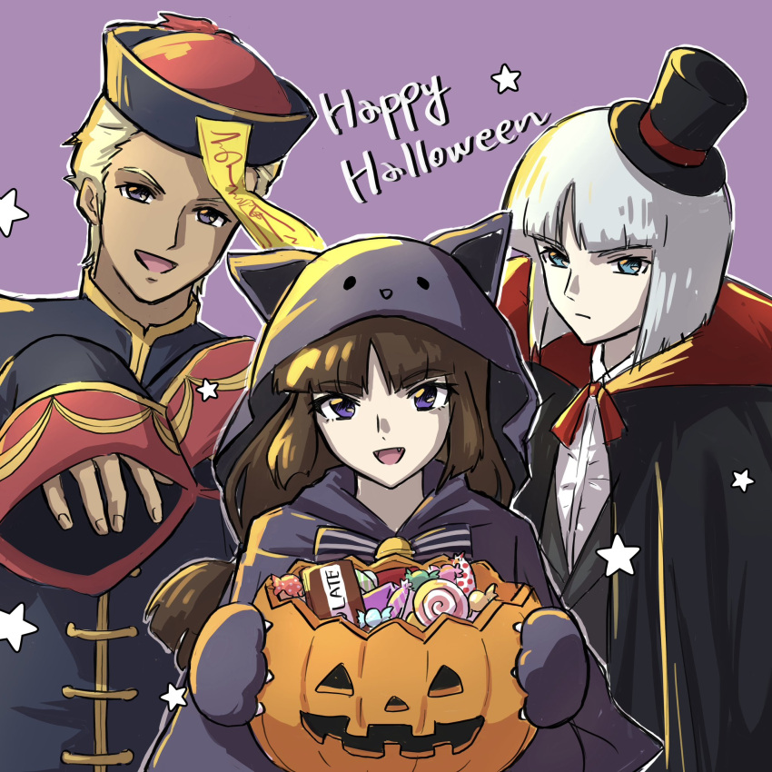 1girl, 2boys, animal_costume, animal_ears, animal_hands, animal_hood, blonde_hair, blue_eyes, brown_hair, candy, cape, cat_costume, cat_ears, cat_hood, cat_paws, chinese_clothes, dark-skinned_male, dark_skin, dearka_elsman, food, gundam, gundam_seed, gundam_seed_destiny, gundam_seed_freedom, halloween, halloween_costume, happy_halloween, hat, highres, hood, jack-o'-lantern, jiangshi, jiangshi_costume, lollipop, long_hair, long_sleeves, looking_at_viewer, low-tied_long_hair, multiple_boys, ofuda, ofuda_on_head, open_mouth, pumpkin, qingdai_guanmao, shiho_hahnenfuss, shirt, short_hair, sleeves_past_fingers, sleeves_past_wrists, smile, talisman, tochio, vampire_costume, violet_eyes, white_hair, yzak_joule