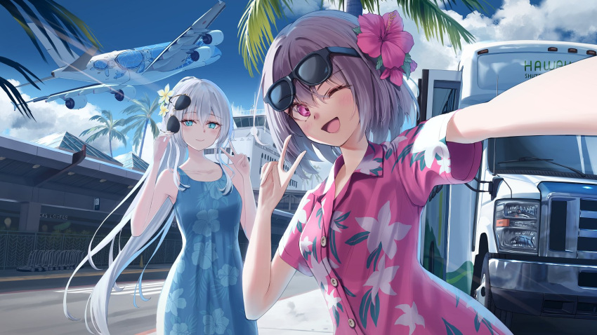 2girls, ;d, aircraft, airplane, airport, alexandra_viktorovna_dashkova_(tukikagerou), blue_dress, blue_eyes, blue_sky, blush, breasts, brown_hair, bus, buttons, closed_mouth, clouds, collared_shirt, commentary, crosswalk, dark-skinned_female, dark_skin, day, dress, english_commentary, floral_print, flower, ford, ford_e-350, hair_flower, hair_ornament, hand_up, hands_up, hawaii, hawaiian_shirt, highres, holding, holding_removed_eyewear, jet_airliner, long_hair, looking_at_viewer, motor_vehicle, multiple_girls, one_eye_closed, open_mouth, original, outdoors, outstretched_arm, palm_tree, pink_shirt, png_pant_(bus), print_dress, print_shirt, red_eyes, road, second-party_source, selfie, sharifah_ozdil_(tukikagerou), shirt, short_hair, short_sleeves, sky, smile, sunglasses, takeoff, tongue, tree, united_states, unworn_eyewear, v, white_hair