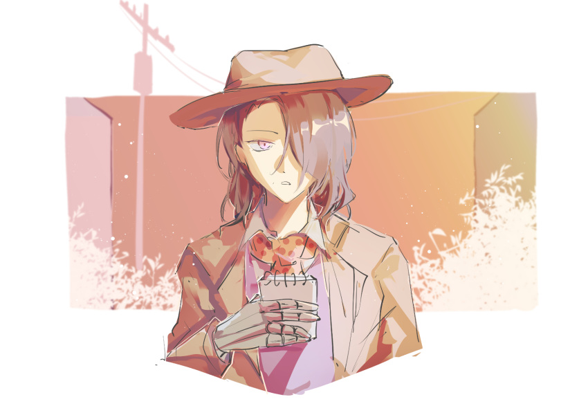 1boy, black_hair, blue_vest, border, bowler_hat, brown_coat, brown_hat, building