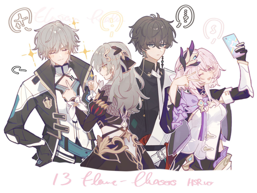 ..., 2boys, 2girls, ?, black_dress, black_hair, black_jacket, black_shirt