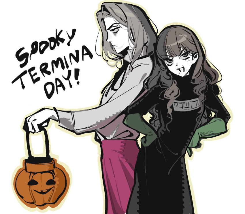 1boy, 1girl, basket, black_ribbon, black_robe, brown_hair, closed_mouth, commentary