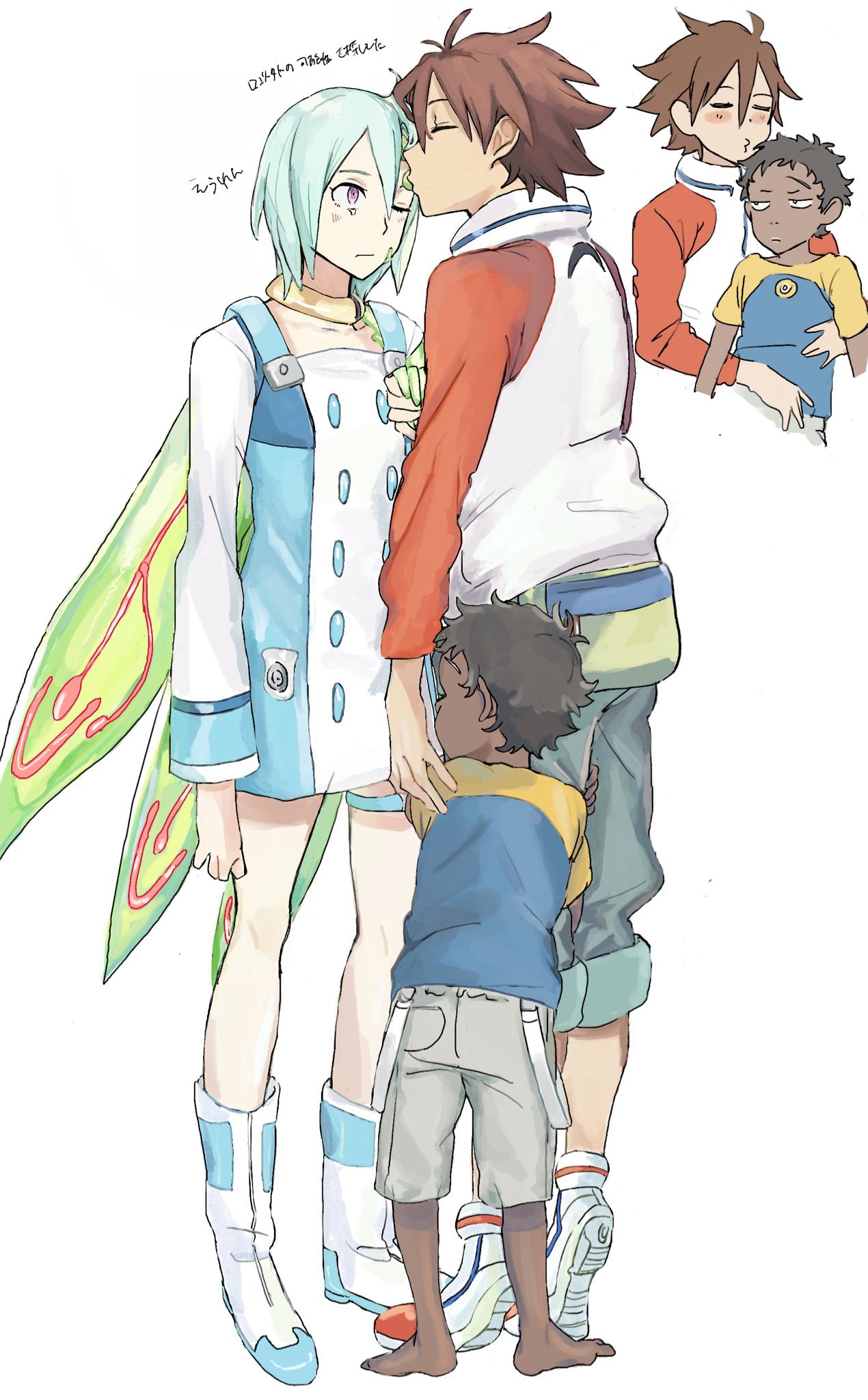 1girl, 2boys, ankle_boots, aqua_hair, barefoot, black_hair, blush, boots