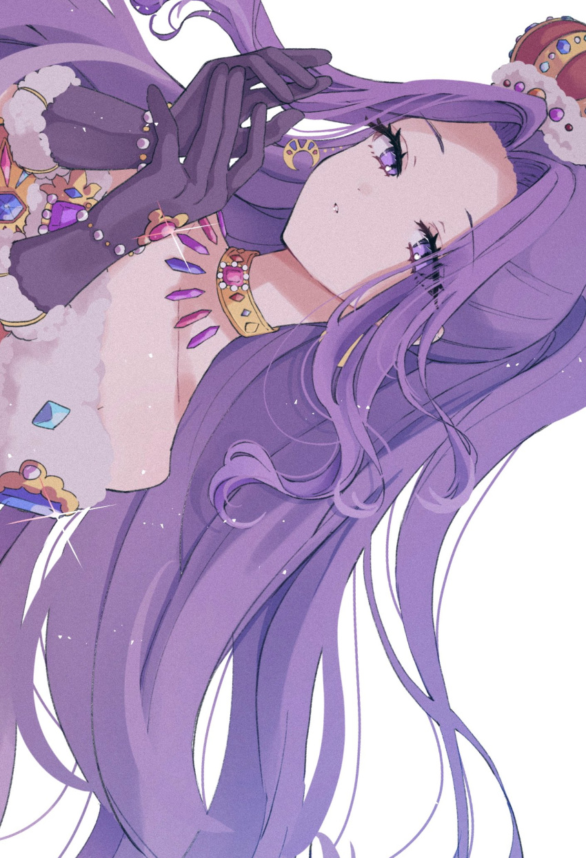 1girl, aikatsu!, aikatsu!_(series), ak1002s, bare_shoulders, black_gloves, crown, dress, floating_hair, forehead, gloves, hair_intakes, half-closed_eyes, hands_up, highres, kanzaki_mizuki, long_hair, looking_at_viewer, off-shoulder_dress, off_shoulder, parted_lips, sideways, simple_background, solo, straight_hair, violet_eyes, white_background