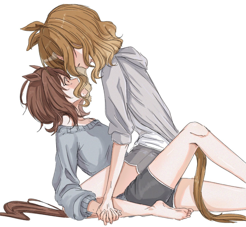 2girls, agnes_tachyon_(umamusume), ahoge, black_shorts, brown_hair, face-to-face, futomayugorou, green_sweater, grey_jacket, grey_shorts, holding_hands, hood, hood_down, hoodie, huge_ahoge, interlocked_fingers, jacket, jungle_pocket_(umamusume), leaning_back, long_sleeves, looking_at_another, medium_hair, multiple_girls, off-shoulder_sweater, off_shoulder, shorts, sidelocks, simple_background, sitting, straddling, sweatdrop, sweater, umamusume, white_background, wide-eyed, wolf_cut, yuri