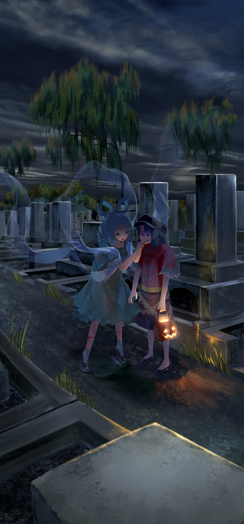 2girls, applying_makeup_on_another, black_footwear, black_hat, black_ribbon, black_skirt, blue_dress, blue_eyes