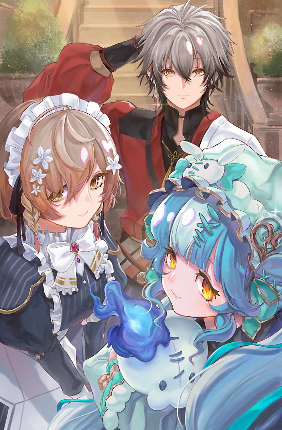 1boy, 2girls, arm_behind_head, blue_hair, blush, braid, breasts, denauth