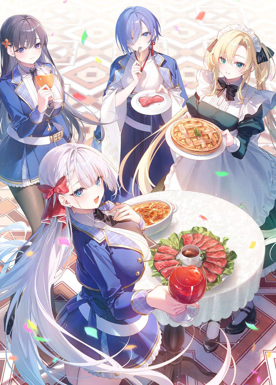 4girls, apron, bacon, belt, black_hair, black_pantyhose, blonde_hair, blue_hair