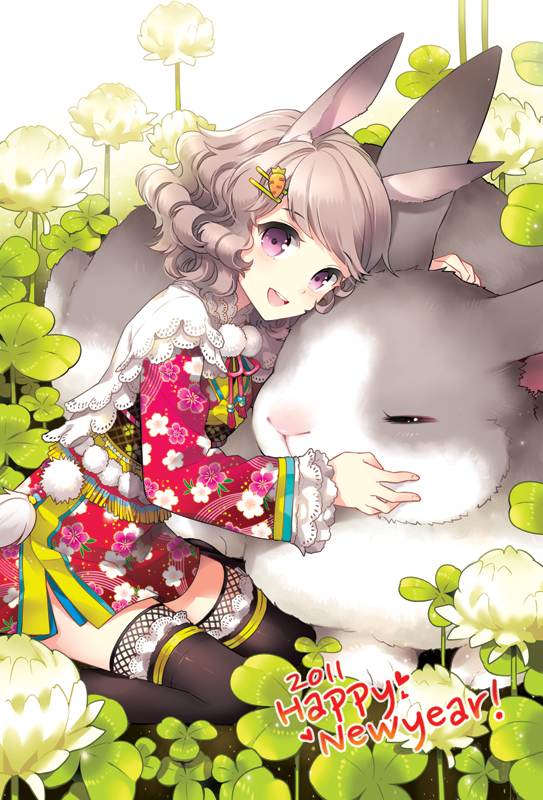 2011, animal, animal_ears, black_legwear, black_thighhighs, brown_hair, bunny, bunny_ears