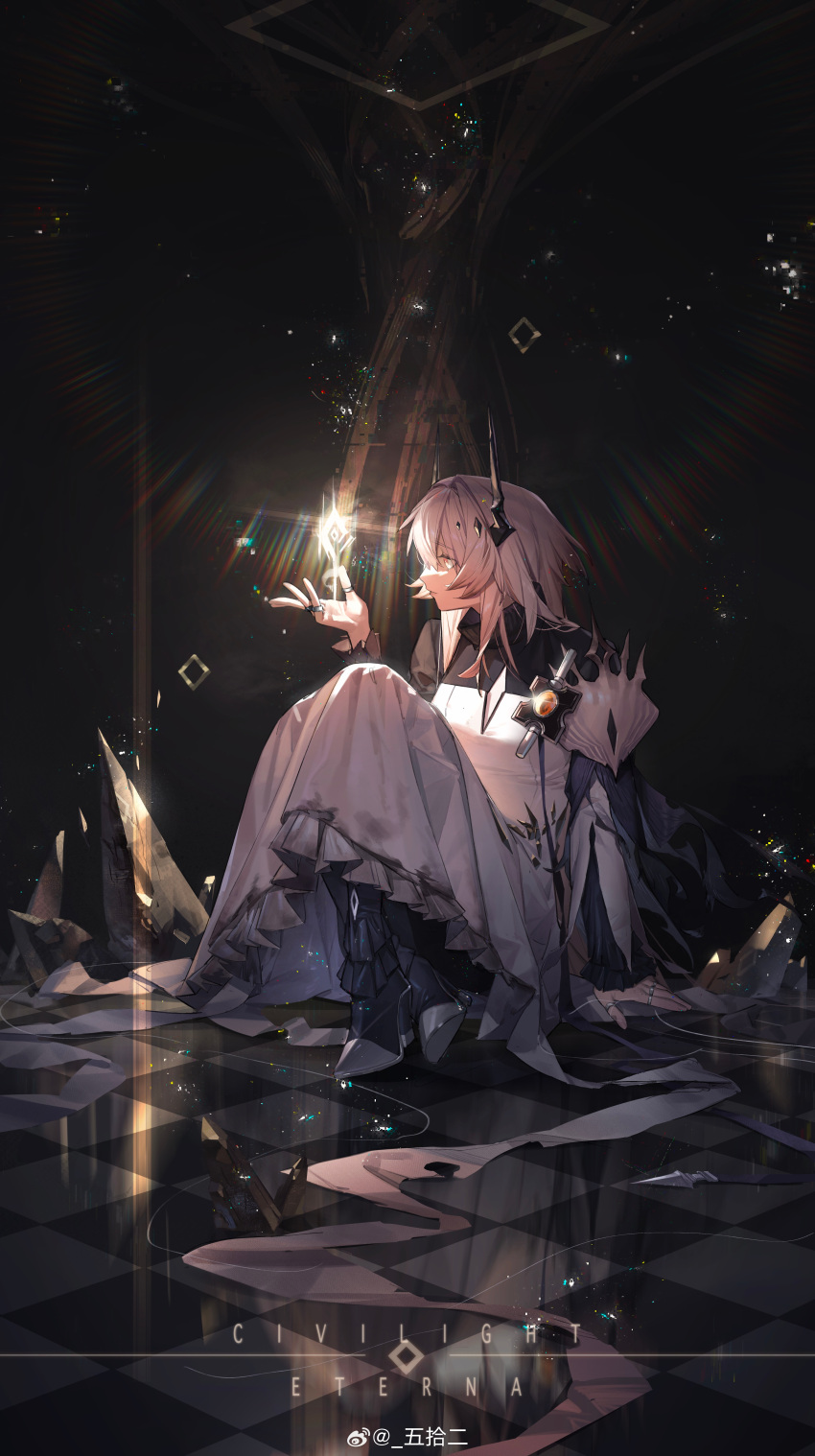 1girl, absurdres, arknights, black_horns, civilight_eterna, commentary_request, crystal, demon_horns, dress, high_heels, highres, horns, jewelry, knee_to_chest, material_growth, multiple_rings, pink_eyes, pink_hair, ring, sitting, solo, star_of_life, theresa_(arknights), tile_floor, tiles, turtleneck, turtleneck_dress, white_dress, wushier