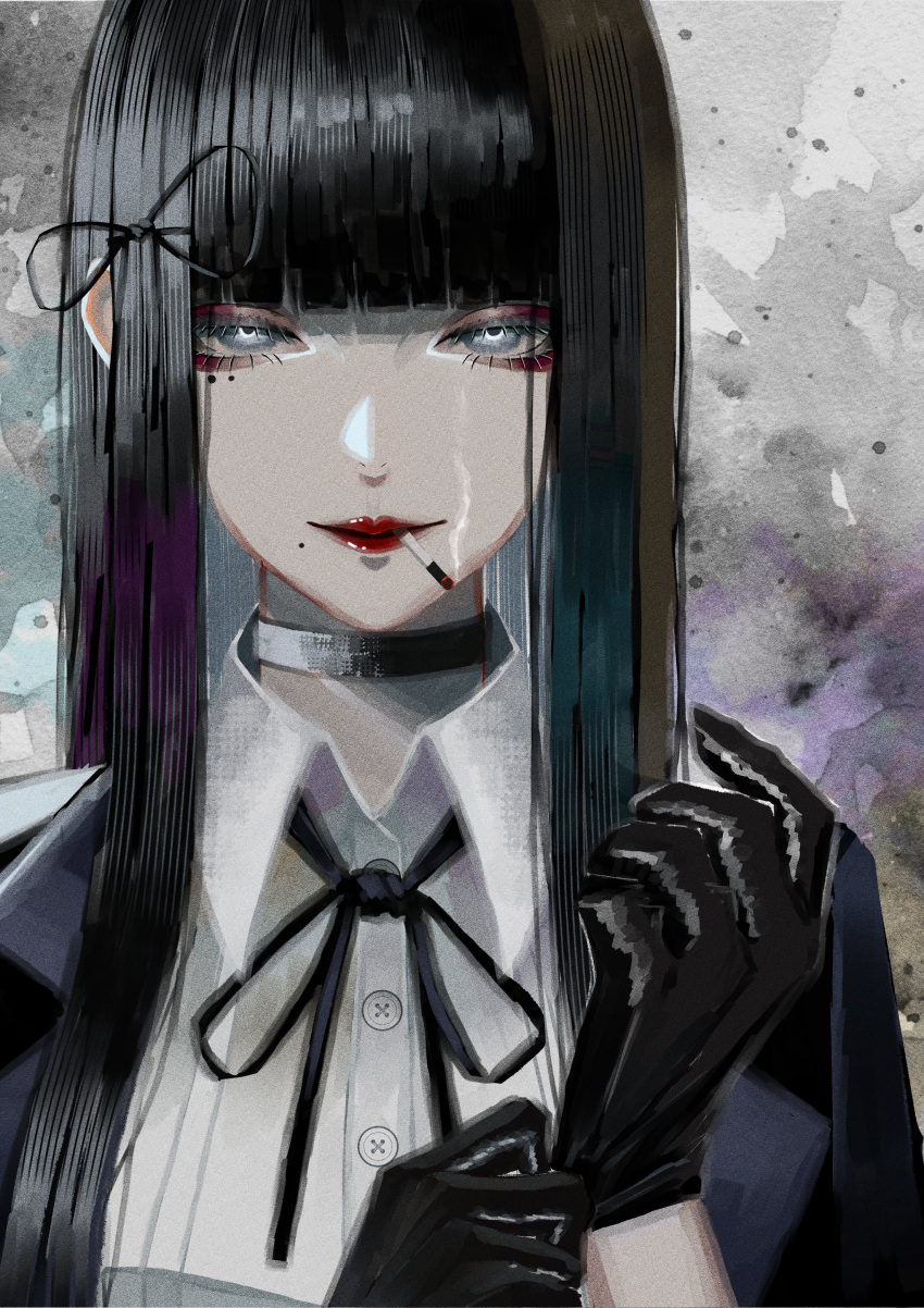 1girl, absurdres, black_choker, black_gloves, black_hair, black_jacket, black_ribbon, blue_eyes