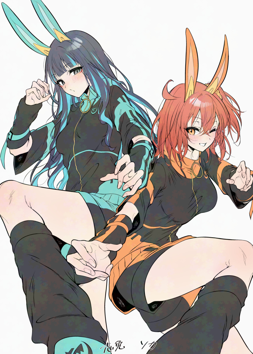 2girls, ahoge, animal_ears, arm_warmers, artist_name, black_hair, blue_hair, colored_inner_hair