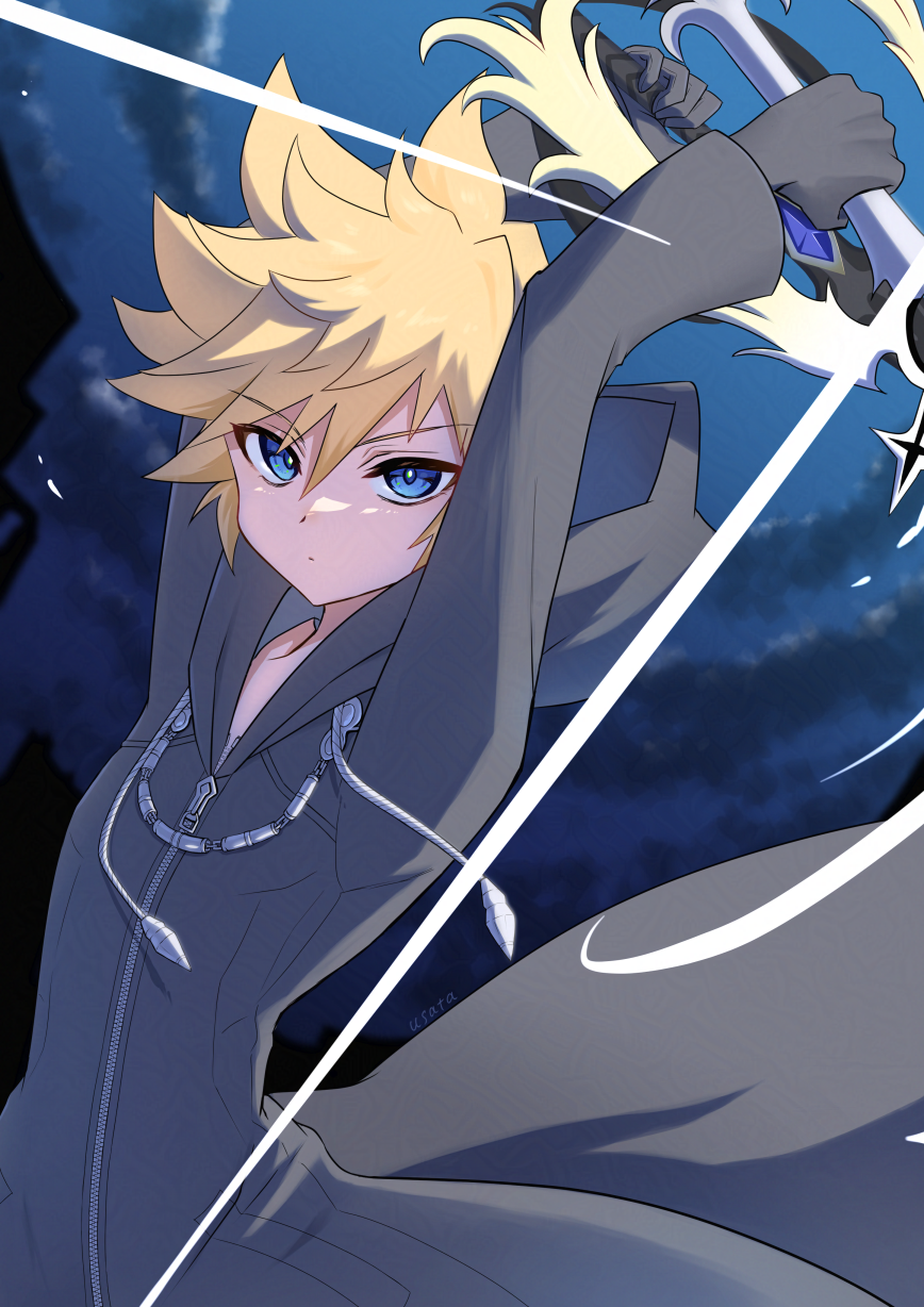 1boy, arms_up, artist_name, black_coat, black_coat_(kingdom_hearts), black_gloves, blonde_hair, blue_eyes