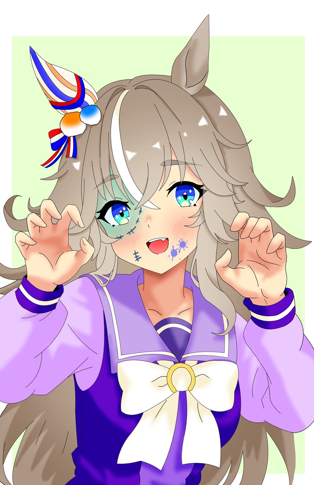 1girl, animal_ears, blue_eyes, blush, breasts, collarbone, commentary_request, facepaint