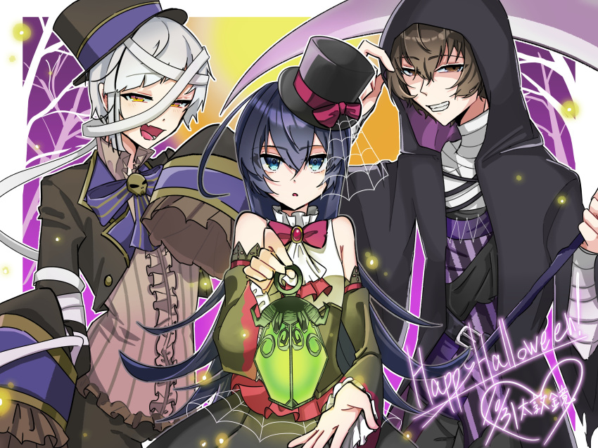 1girl, 2boys, ahoge, bandaged_arm, bandaged_neck, bandages, bare_shoulders, black_hair