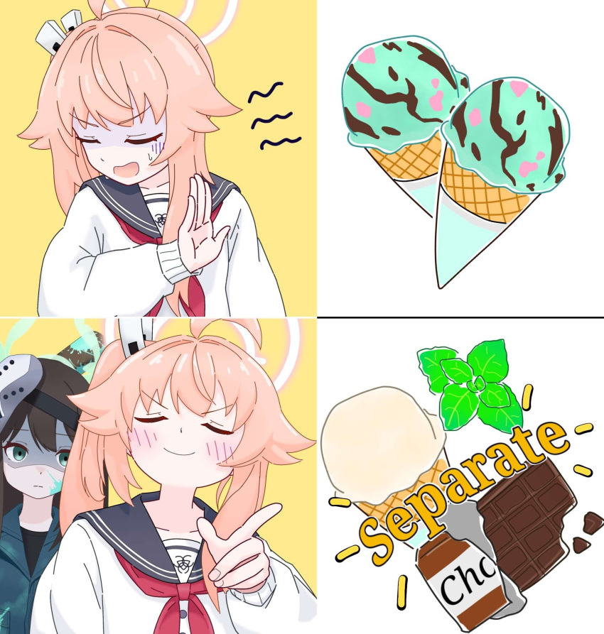 2girls, airi_(blue_archive), alternate_costume, black_hair, blue_archive, chocolate, closed_eyes, closed_mouth