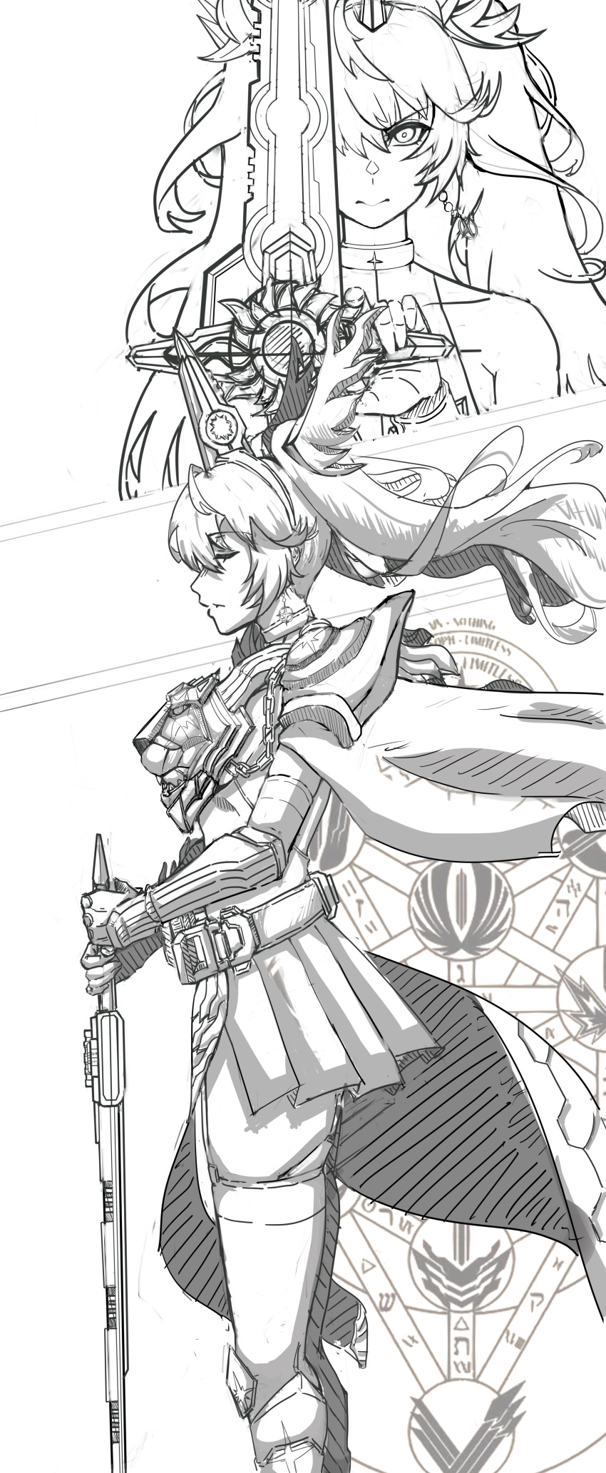 1girl, absurdres, armor, earrings, fiery_hair, highres, holding, holding_sword