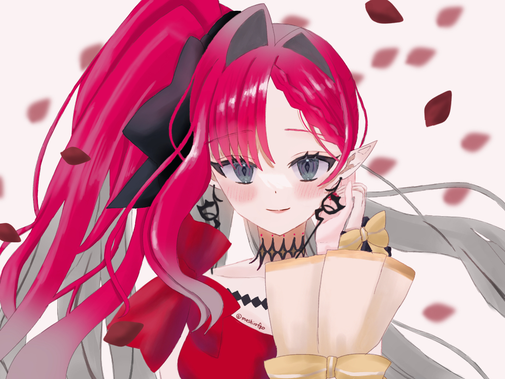 1girl, baobhan_sith_(exhibition_attire)_(fate), baobhan_sith_(fate), blush, dress, earrings, falling_petals, fate/grand_order
