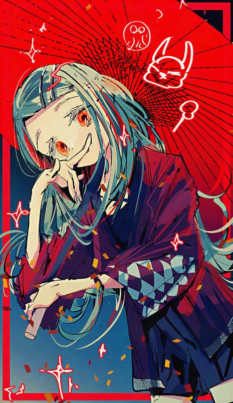 1girl, argyle_clothes, argyle_kimono, blue_background, blush, colored_eyelashes, confetti, cowboy_shot