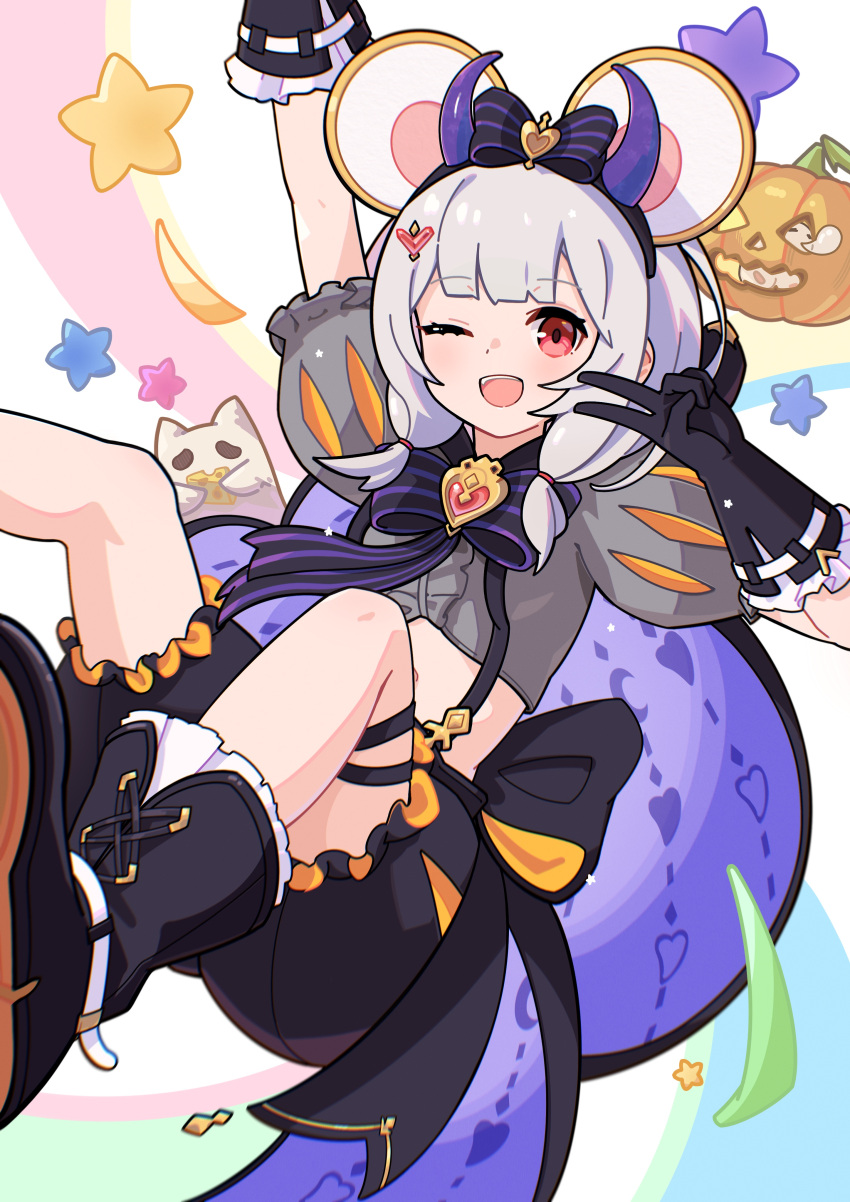 1girl, ;d, absurdres, animal_ears, black_footwear, black_gloves, brooch, cheese, fake_horns, food, frilled_gloves, frilled_shorts, frills, gloves, granblue_fantasy, grey_shirt, heart, heart_brooch, highres, horn_hairband, horns, jack-o'-lantern, jewelry, midriff, mouse_(animal), mouse_ears, one_eye_closed, pigking_luneth, print_cape, puffy_shorts, red_eyes, shirt, short_hair, shorts, smile, solo, star_(symbol), stomach, suspender_shorts, suspenders, v, vikala_(granblue_fantasy), vikala_(halloween)_(granblue_fantasy), white_hair