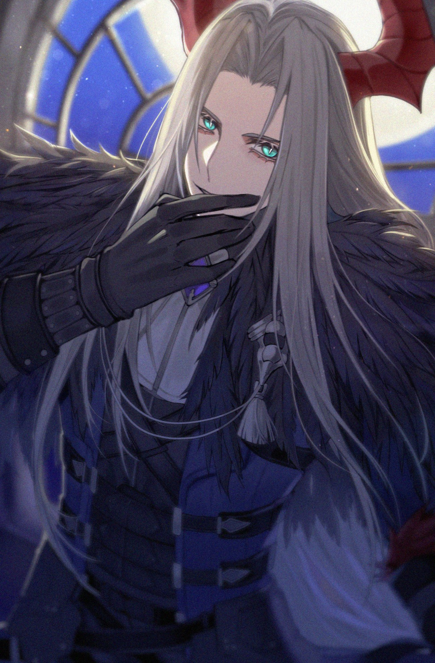 1boy, aqua_eyes, backlighting, black_feathers, black_gloves, blue_coat, bright_pupils, chest_strap