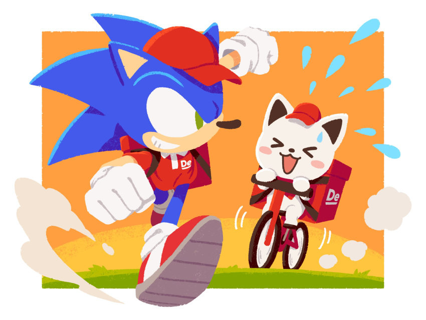 1boy, absurdres, animal_request, baseball_cap, bicycle, blue_fur, blush_stickers, character_request, closed_eyes, closed_mouth, collar, collared_shirt, colored_inner_animal_ears, commentary_request, contrast_collar, demae-can, full_body, furry, furry_male, gloves, grass, green_eyes, grin, hat, hedgehog_boy, highres, insulated_delivery_bag, looking_at_another, motion_lines, no_humans, no_lineart, official_art, open_mouth, orange_sky, polo_shirt, print_shirt, promotional_art, red_bag, red_footwear, red_hat, red_shirt, red_sleeves, riding, riding_bicycle, running, second-party_source, sega, shirt, shoe_soles, short_sleeves, simple_background, sky, smile, smoke, smoke_trail, sonic_(series), sonic_the_hedgehog, sweatdrop, teeth, uno_yuuji, white_collar, white_fur, white_gloves