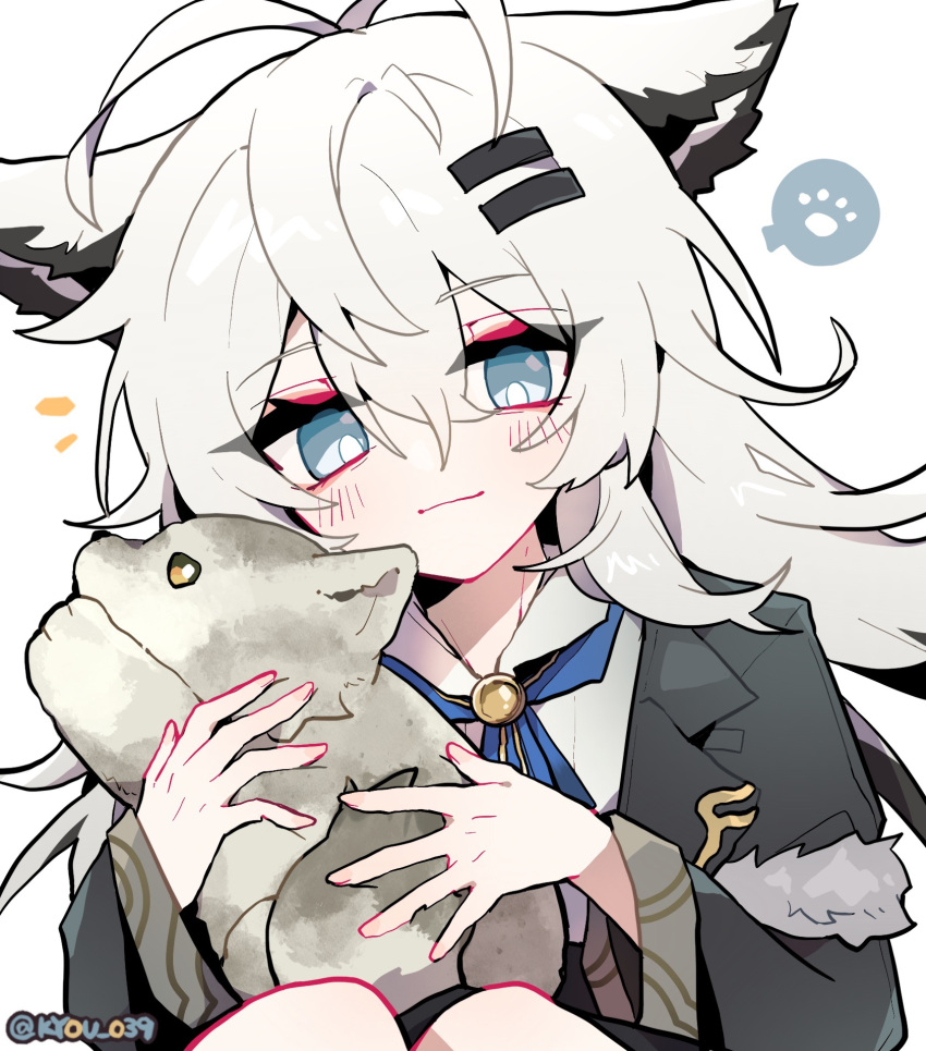 1girl, ^^^, alternate_costume, animal, animal_ears, antenna_hair, arknights, black_coat