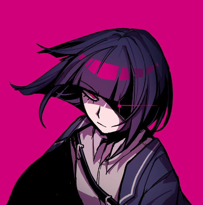 1girl, black_hair, black_jacket, bob_cut, cocainia413, collared_shirt, glowing, glowing_eye, jacket, lapels, limbus_company, notched_lapels, pink_background, project_moon, ryoshu_(project_moon), shirt, short_hair, simple_background, solo, upper_body, white_shirt