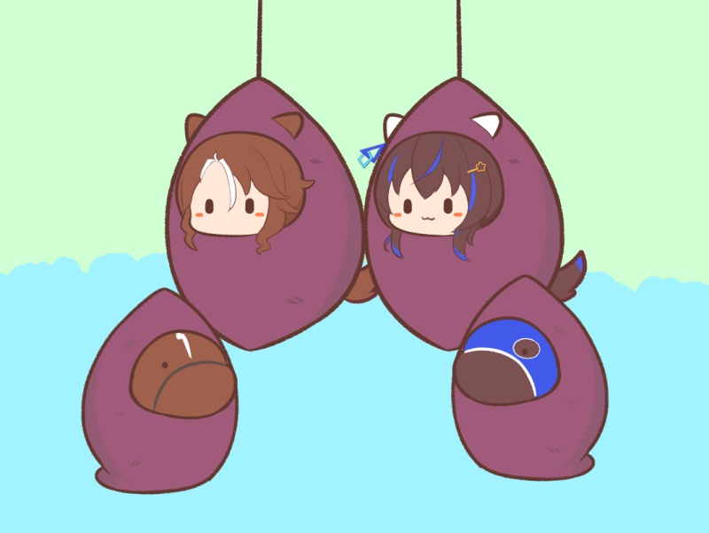 2girls, :3, animal, animal_ears, blue_background, blue_hair, blush_stickers, brown_hair
