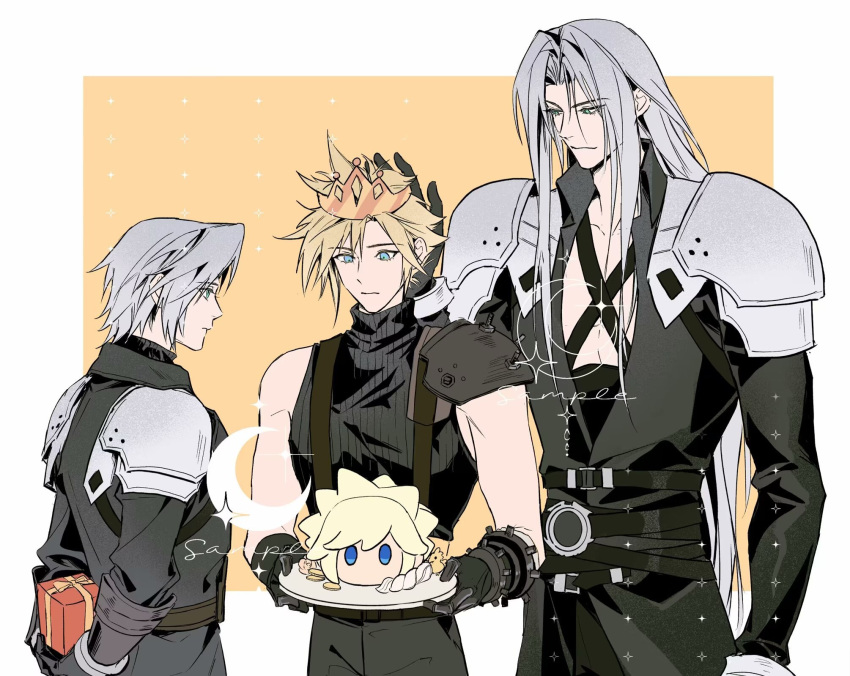 3boys, arm_armor, armor, arms_behind_back, asymmetrical_gloves, baggy_pants, bandaged_arm, bandages