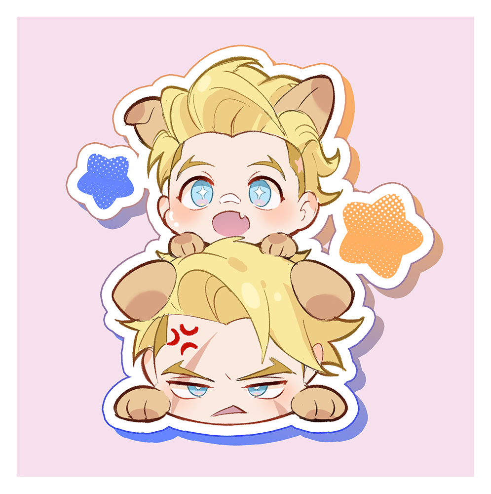 1boy, anger_vein, animal_ears, ascytheux, blonde_hair, blue_eyes, border, commentary