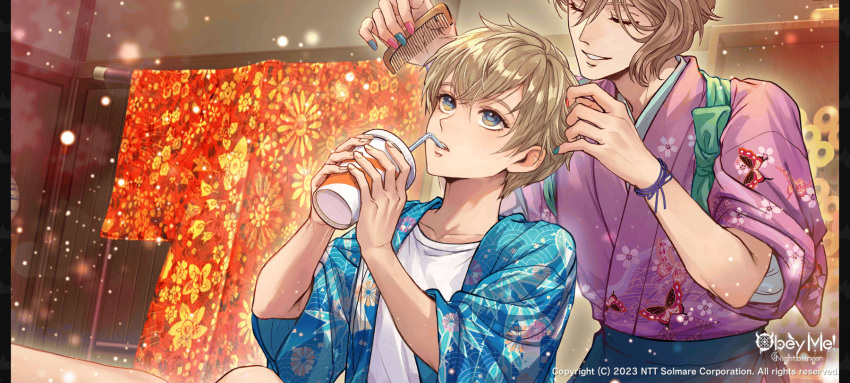 2boys, aqua_nails, asmodeus_(obey_me!), blonde_hair, blue_eyes, bracelet, brown_hair, brushing_hair