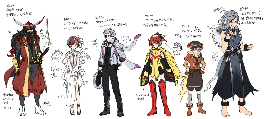 3boys, 3girls, absurdres, alternate_costume, annihilape, annihilape_(cosplay), armarouge, armarouge_(cosplay), armor, atticus_(pokemon), commentary_request, cosplay, dachsbun, dachsbun_(cosplay), dress, eri_(pokemon), flat_color, full_body, giacomo_(pokemon), hands_on_own_hips, helmet, highres, japanese_armor, kabuto_(helmet), kingambit, kingambit_(cosplay), legs_apart, mela_(pokemon), multiple_boys, multiple_girls, ortega_(pokemon), penny_(pokemon), pokemon, pokemon_sv, reference_sheet, revavroom, revavroom_(cosplay), samurai, sheath, sheathed, side_slit, simple_background, sketch, standing, suzukinoko1021, sword, sylveon, sylveon_(cosplay), team_star, translation_request, weapon, white_background, white_dress