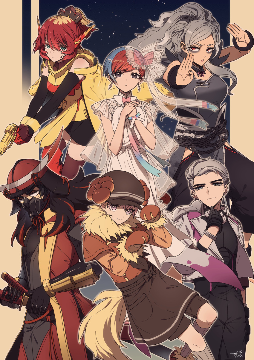 3boys, 3girls, absurdres, alternate_costume, alternate_hairstyle, annihilape, annihilape_(cosplay), armarouge