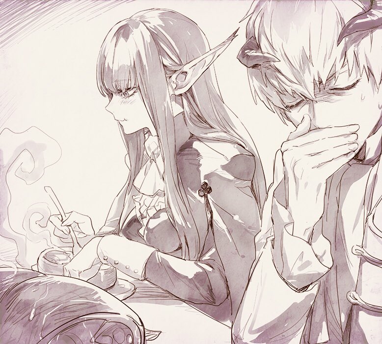1boy, 1girl, ascot, blunt_bangs, blush, bowl, bustier, buttoned_cuffs, buttons, chewing, closed_eyes, covering_own_mouth, eating, elbow_on_table, food, frilled_bustier, frilled_sleeves, frills, furrowed_brow, greyscale, hair_between_eyes, hand_to_own_mouth, holding, holding_utensil, hulkenberg_(metaphor:_refantazio), isa_(peien516), long_hair, long_pointy_ears, long_sleeves, looking_at_food, metaphor:_refantazio, monochrome, plate, pointy_ears, short_hair, sitting, steam, strohl_(metaphor:_refantazio), sweat, sweatdrop, table