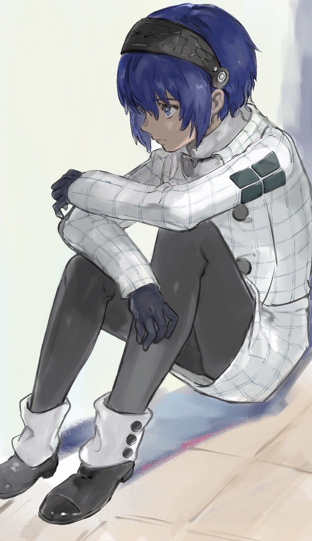 1boy, ankle_cuffs, black_footwear, black_gloves, black_pants, blue_eyes, blue_hair, buttons
