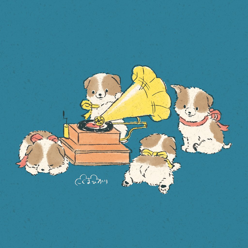 2024, animal_focus, black_eyes, blue_background, closed_eyes, dog, fluffy, koguma_hikari, monochrome_background, no_humans, original, phonograph, puppy, red_ribbon, ribbon, yellow_ribbon
