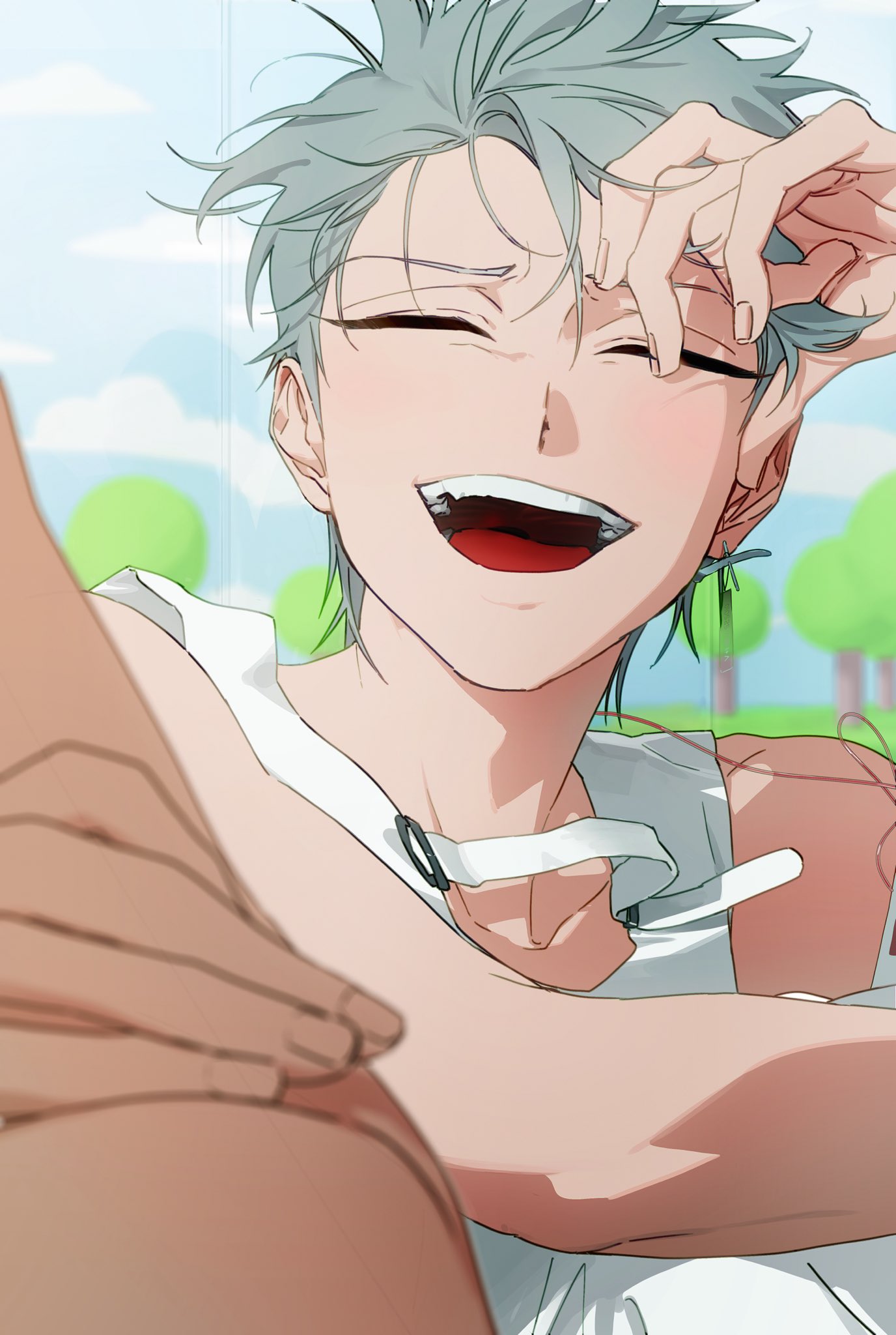 1boy, alien_stage, artist_request, check_artist, closed_eyes, commentary, earrings, grey_hair