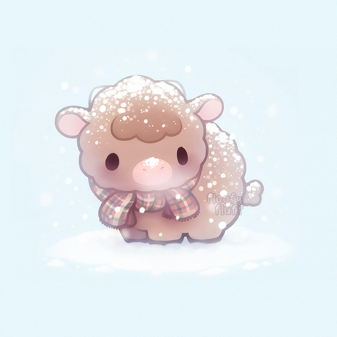 2022, animal_focus, black_eyes, blue_background, brown_cow_(animal), closed_eyes, fluffy, ida_(floofyfluff), no_humans, no_mouth, original, pink_nose, scarf, snow, snowing, standing