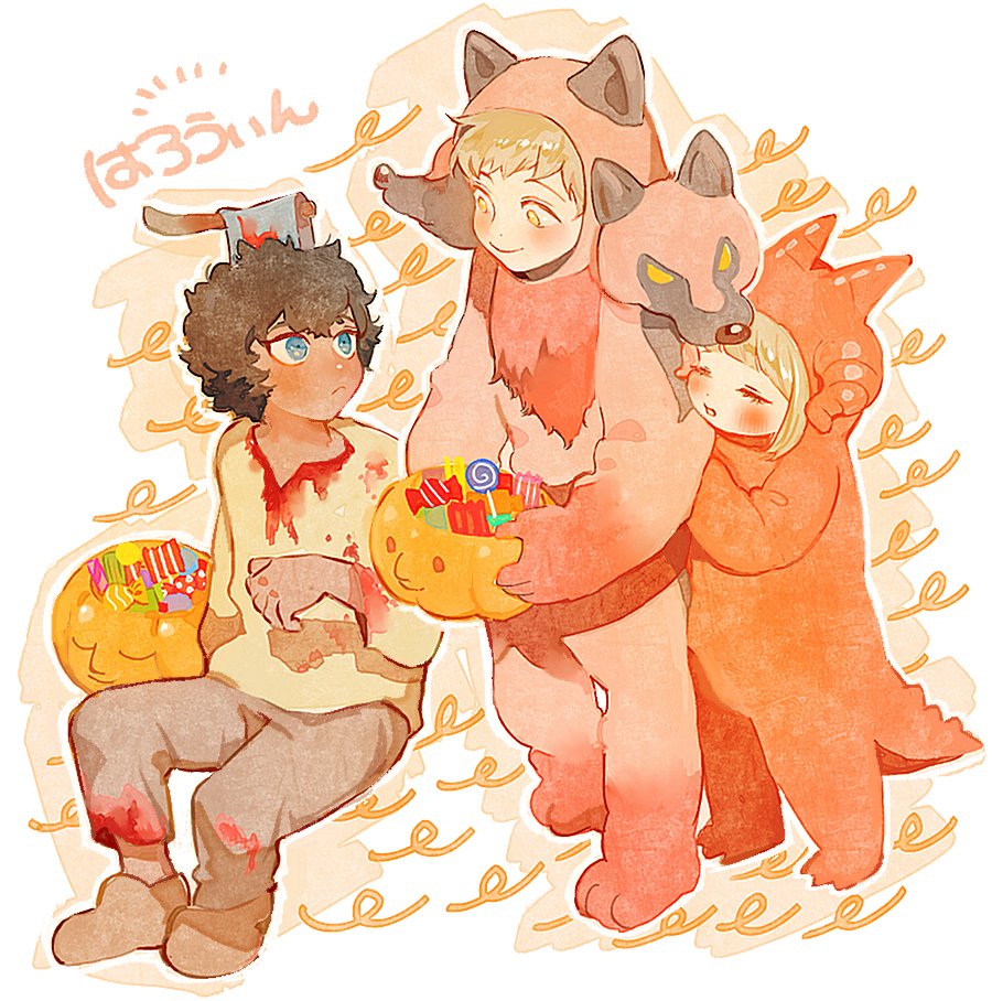 1girl, 2boys, aged_down, animal_costume, axe, black_hair, blue_eyes, blush