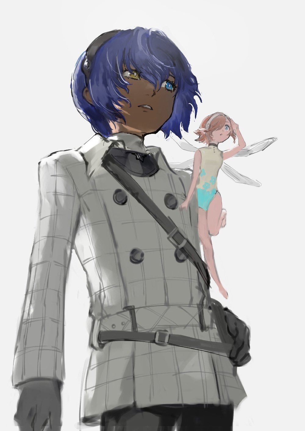 1boy, 1girl, arm_up, bare_legs, barefoot, belt, belt_buckle, black_belt