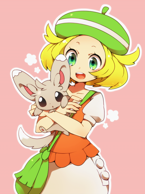 1girl, bel_(pokemon), bell_(pokemon), blonde_hair, fujisaki_(hjsk), green_hair, hat, hug, hug_from_behind, minccino, pokemon, pokemon_(creature), pokemon_(game), pokemon_black_and_white, pokemon_bw