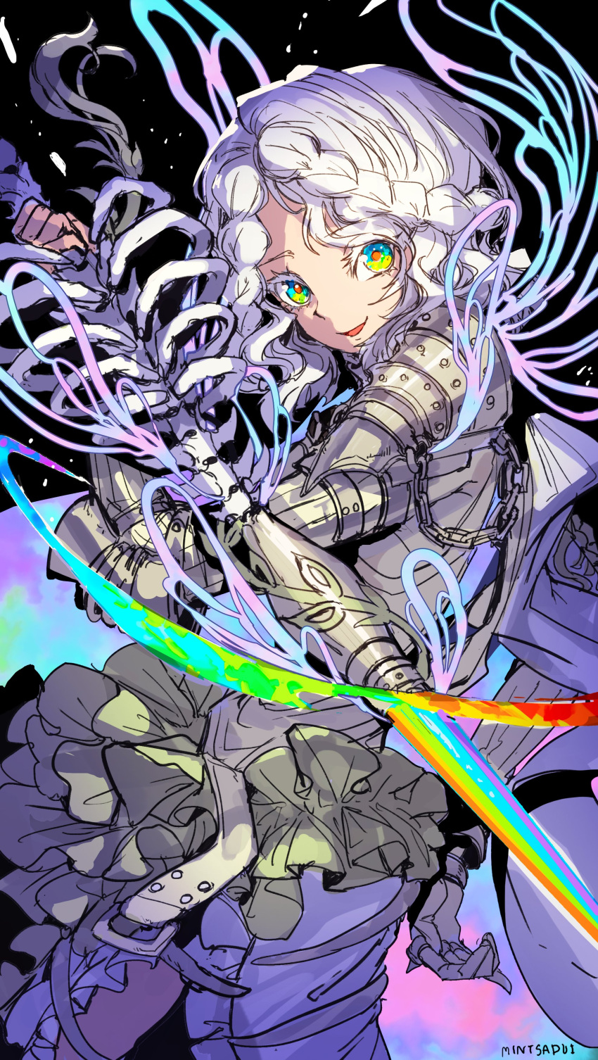 1girl, absurdres, anna_(persephone), armor, artist_name, blue_eyes, braid, braided_bangs, chain, check_weapon, colored_eyelashes, commentary, dislyte, green_eyes, highres, holding, holding_polearm, holding_weapon, lance, looking_at_viewer, multicolored_eyes, multiple_braids, open_mouth, orange_pupils, pauldrons, polearm, rainbow_gradient, ribs, sa-dui, short_hair, shoulder_armor, smile, solo, weapon, weapon_request, white_hair, yellow_eyes