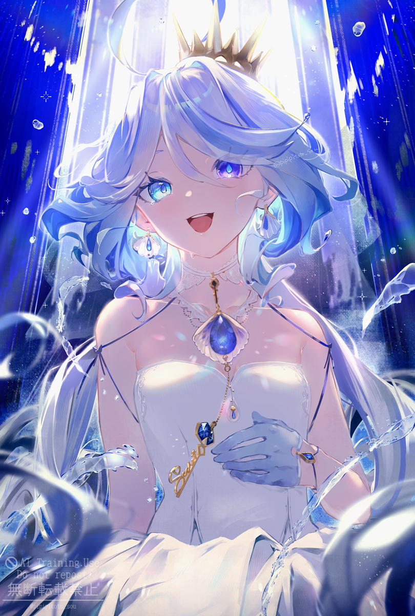 1girl, alternate_costume, bare_shoulders, blue_brooch, blue_eyes, blue_gemstone, blue_hair, breasts