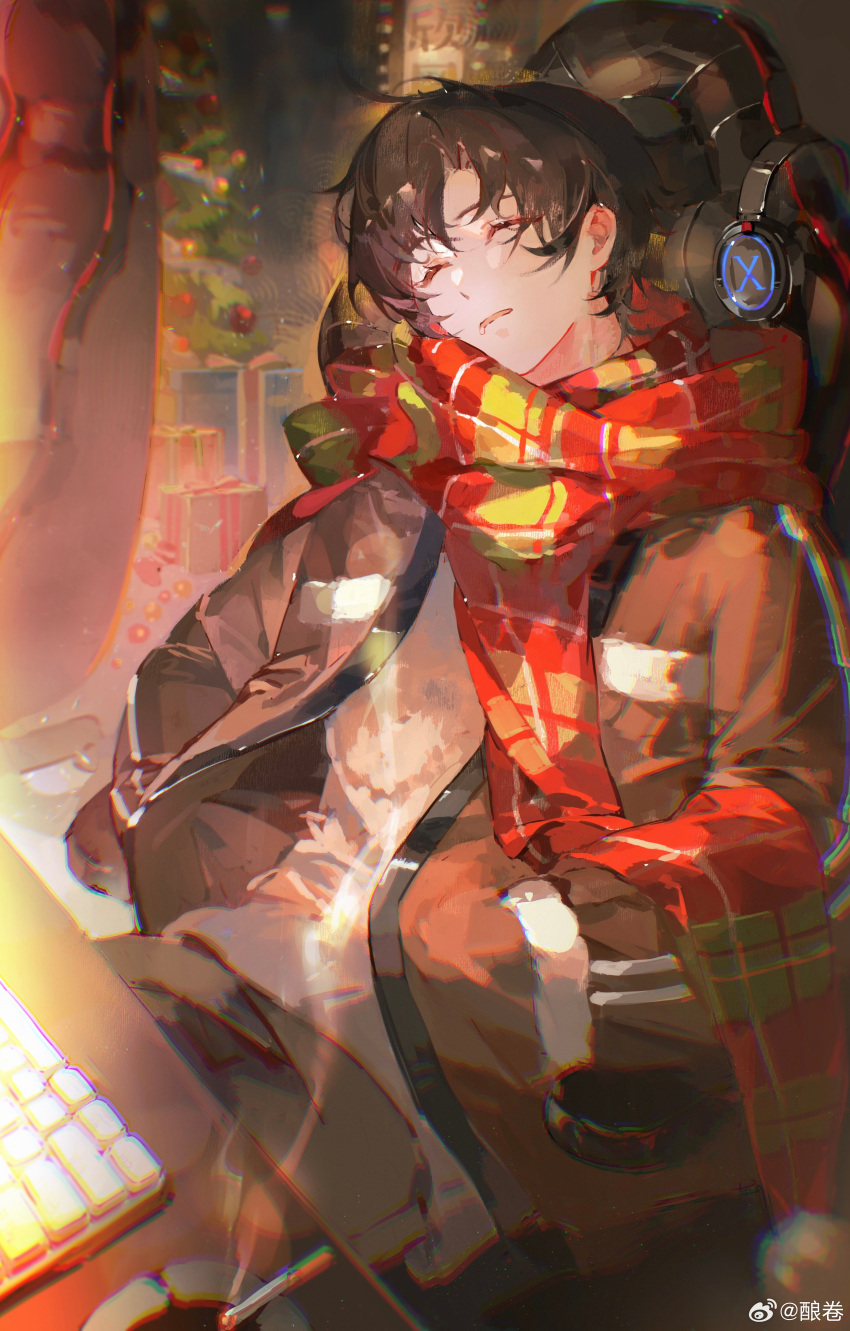 1boy, absurdres, brown_hair, brown_jacket, chair, christmas, chromatic_aberration, cigarette, closed_eyes, computer_keyboard, drooling, eyelashes, gaming_chair, hand_in_pocket, headphones, highres, indoors, jacket, long_sleeves, male_focus, niangjuan, parted_bangs, parted_lips, quanzhi_gaoshou, saliva, scarf, shirt, short_hair, sitting, sleeping, smoke, solo, swivel_chair, weibo_logo, weibo_watermark, white_shirt, ye_xiu