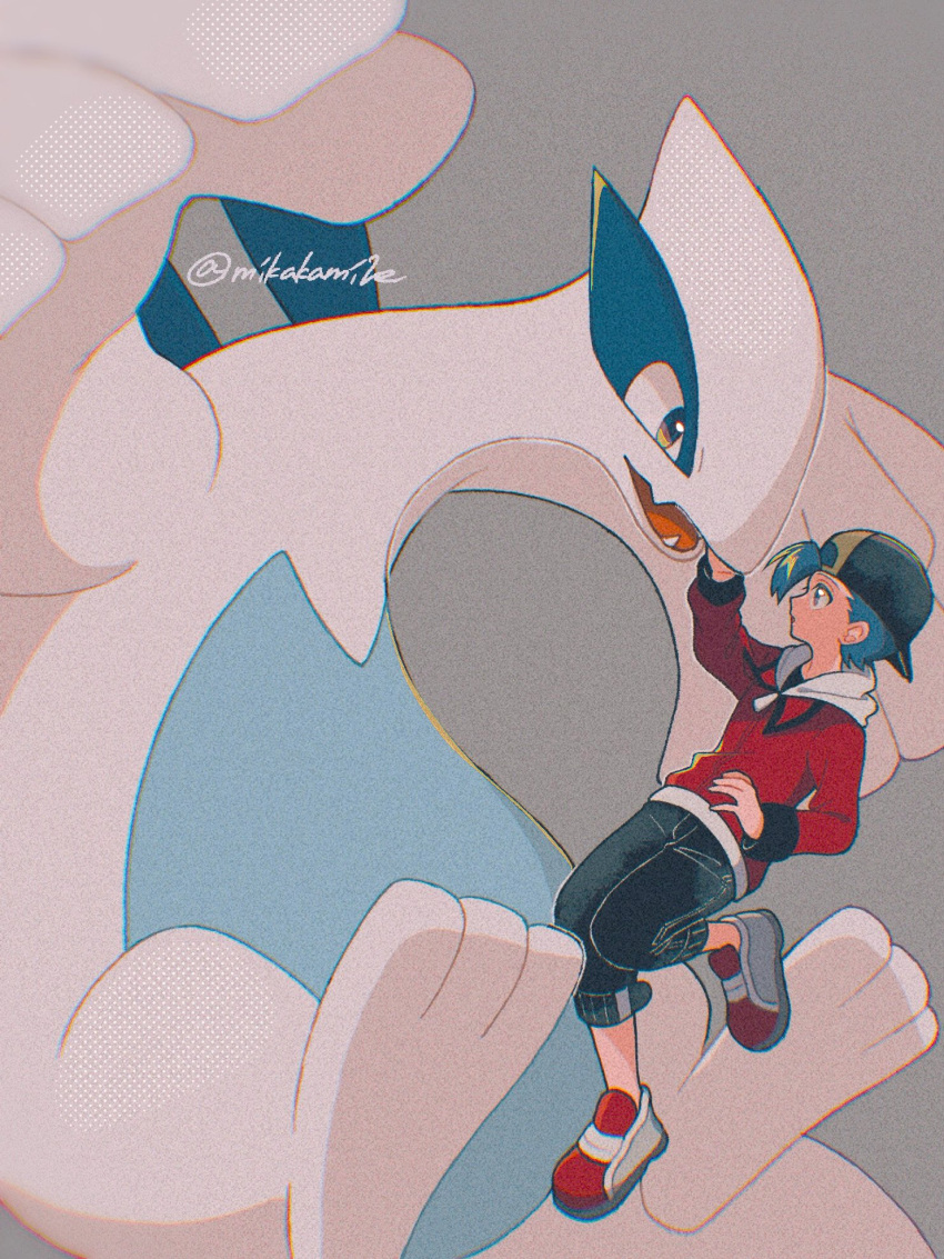 1boy, arm_up, backwards_hat, baseball_cap, black_hat, black_pants, blue_hair, chromatic_aberration