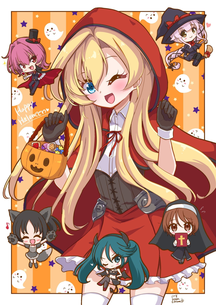 6+girls, abukuma_(halloween_mode)_(kancolle), abukuma_(kancolle), alternate_costume, animal_ears, animal_hands, bible_(object), black_gloves